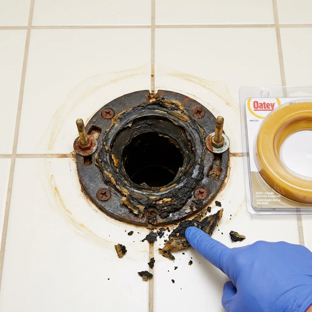 Failed wax ring showing water seepage at the base of a toilet in a Lewistown, MT home